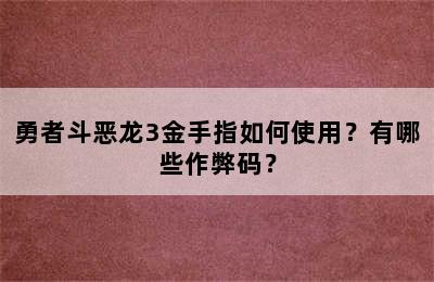 勇者斗恶龙3金手指如何使用？有哪些作弊码？